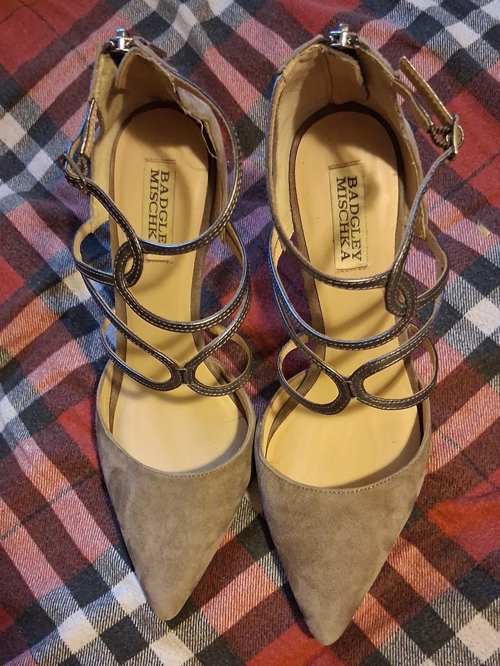 Badgley Mischka Taupe Suede Pointed-Toe Heels with Brown Strappy Ankles